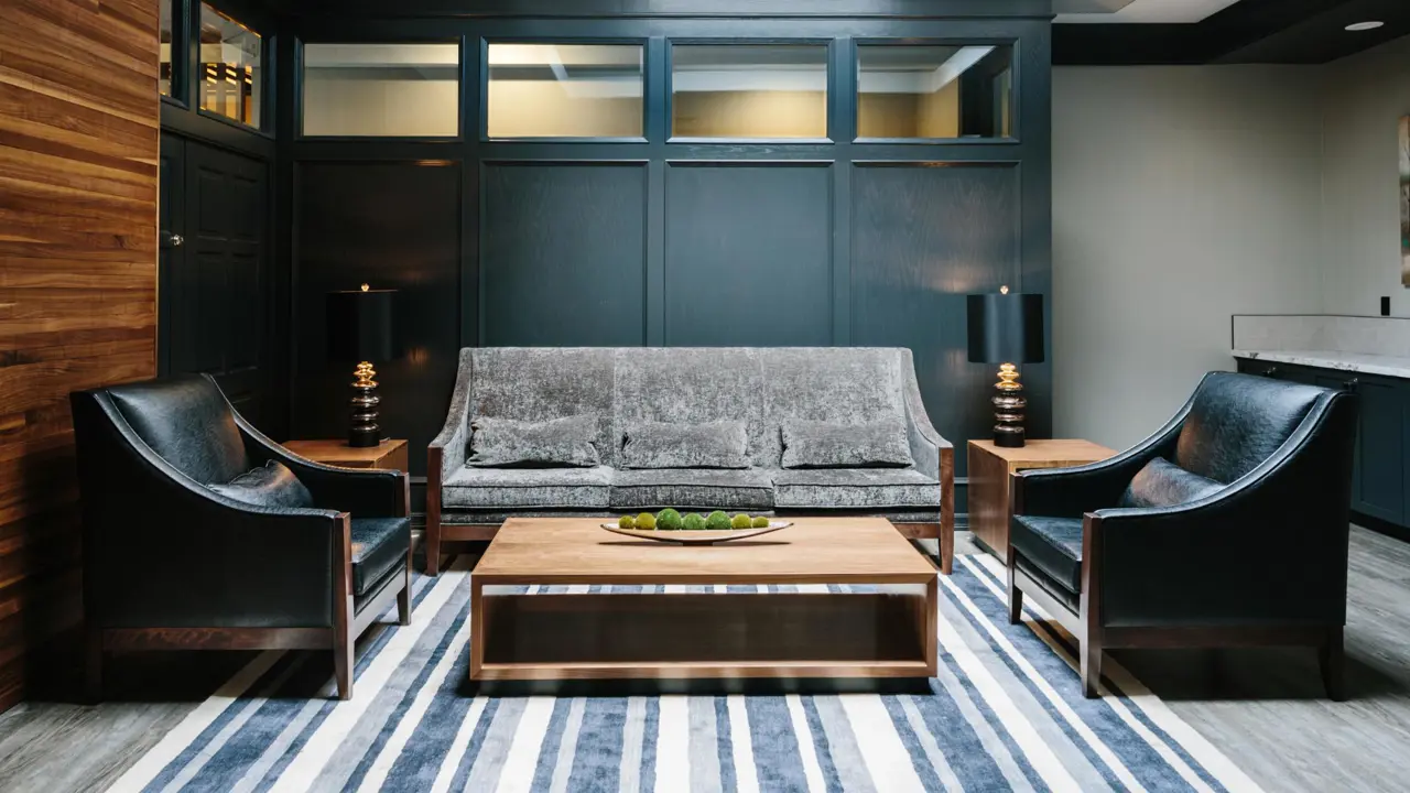 Cosy lounge at Elk + Avenue hotel with a velvet grey sofa, black leather armchairs, a wooden coffee table on a striped rug, and soft lighting set against dark wood paneling