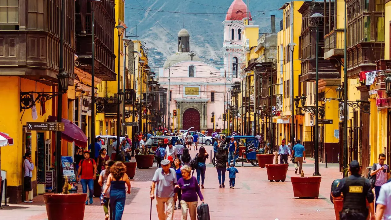 Lima’s historic town centre in Peru, featuring colonial-style buildings and a lively public street