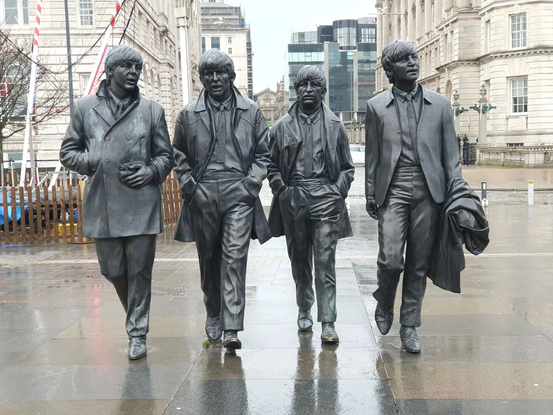 A rainy day near Paul McCartney, George Harrison, Ringo Starr and John Lennon's Beatles statue, Liverpool