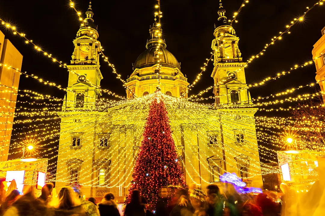 Low angle shot of a large christmas tree covered in red lights, with gold fairy lights strung out of it. Lit up St. Stephen's Basilica behind it.