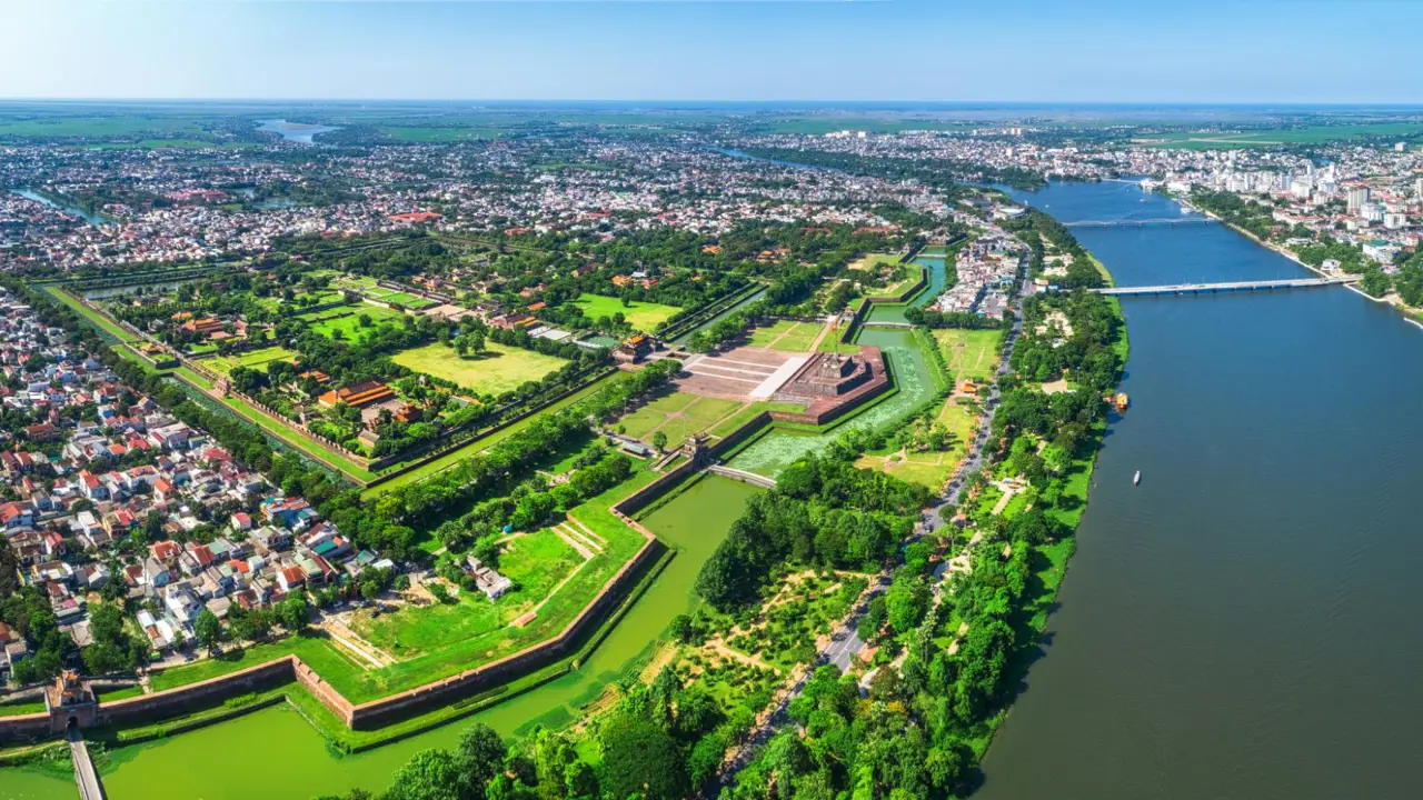 Aerial view of the Hué Citadel, Imperial Palace Moat and Emperor Palace Complex, Hué