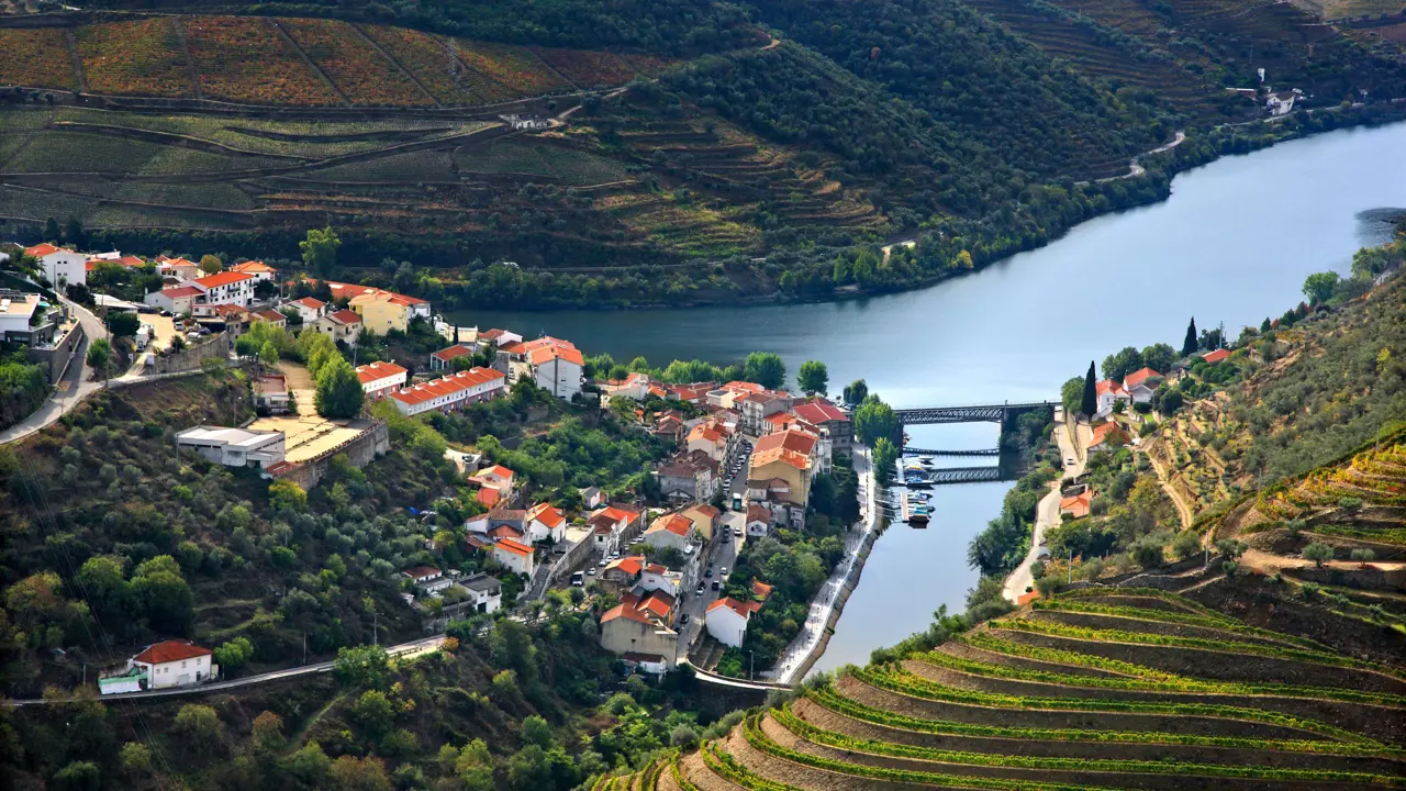 View of the terraced vineyards in the Douro Valley and River near the village of Pinhao