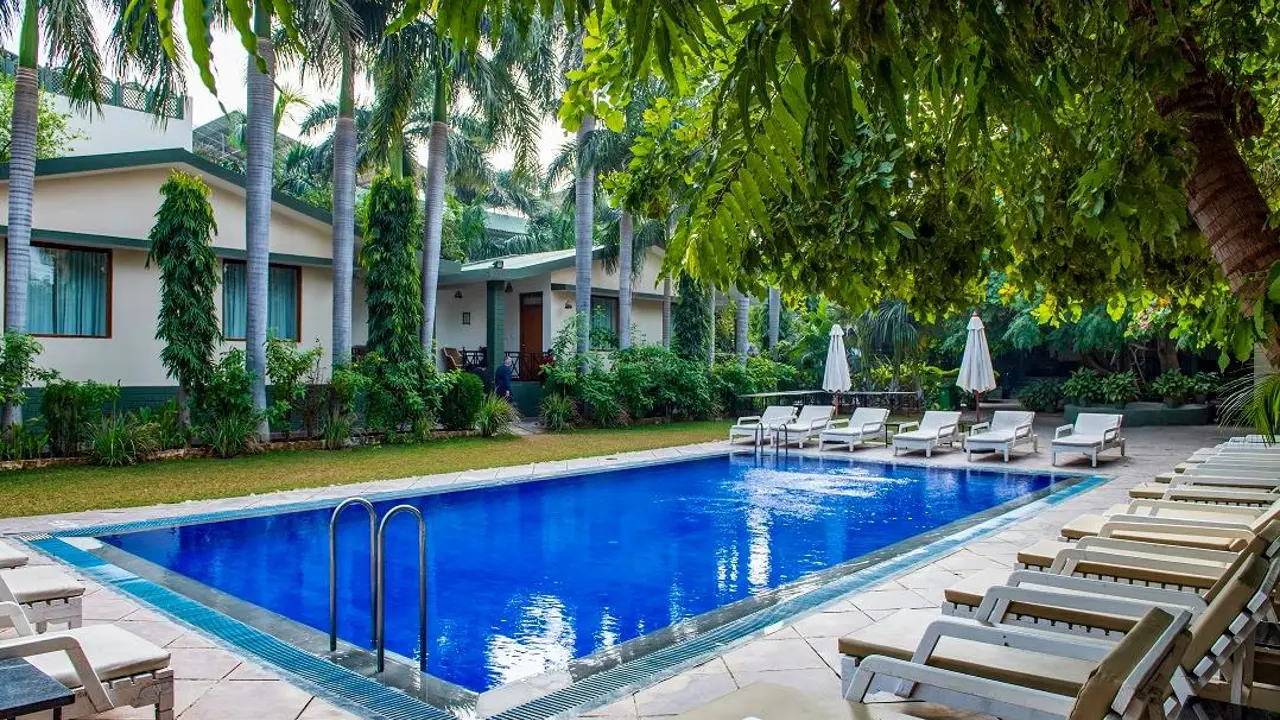 Outdoor swimming pool at Ranthambore Regency surrounded by palm trees and sun loungers in a peaceful garden setting