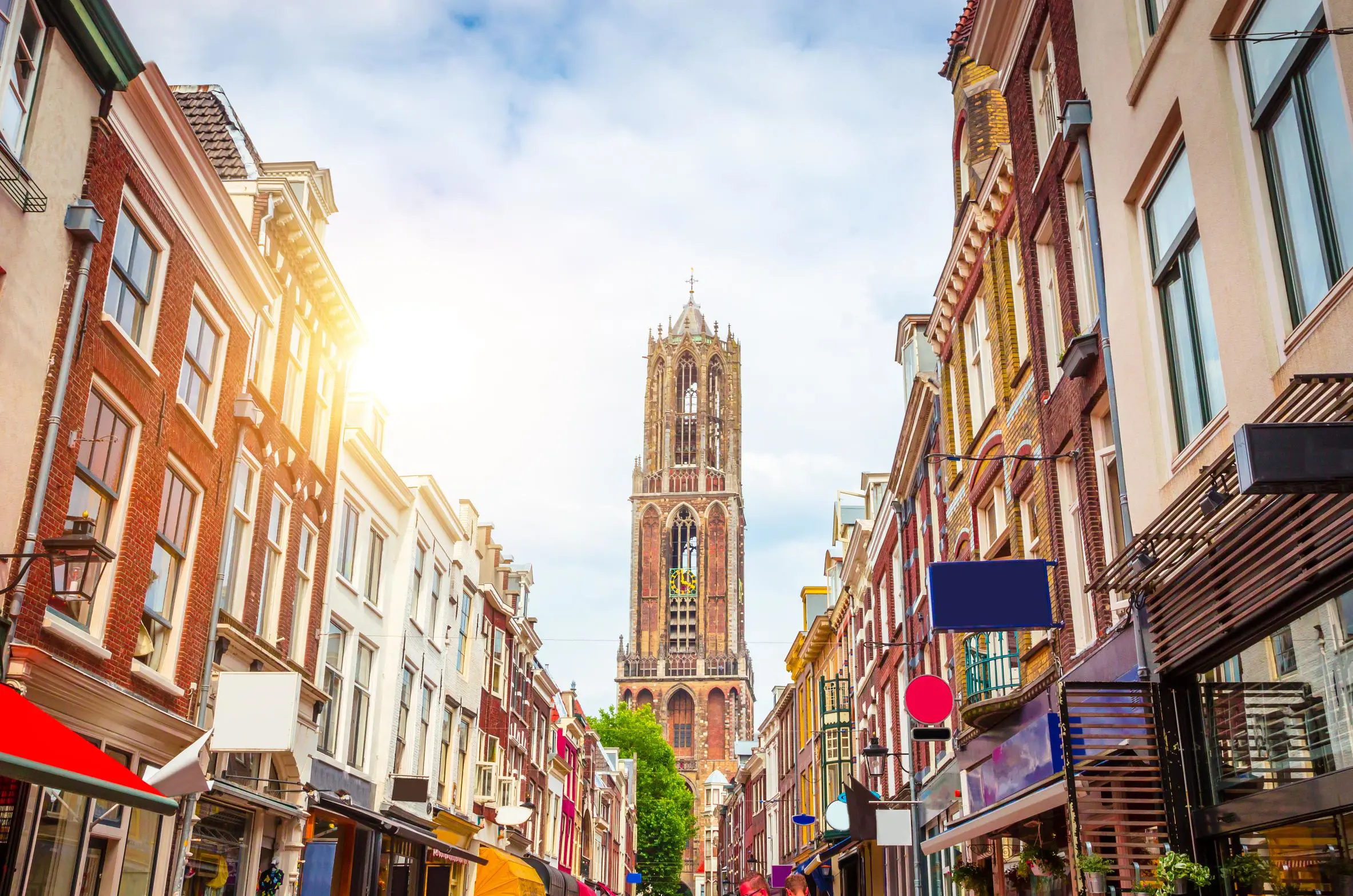 Traditional old buildings and tower of the Dom cathedral in Utrecht
