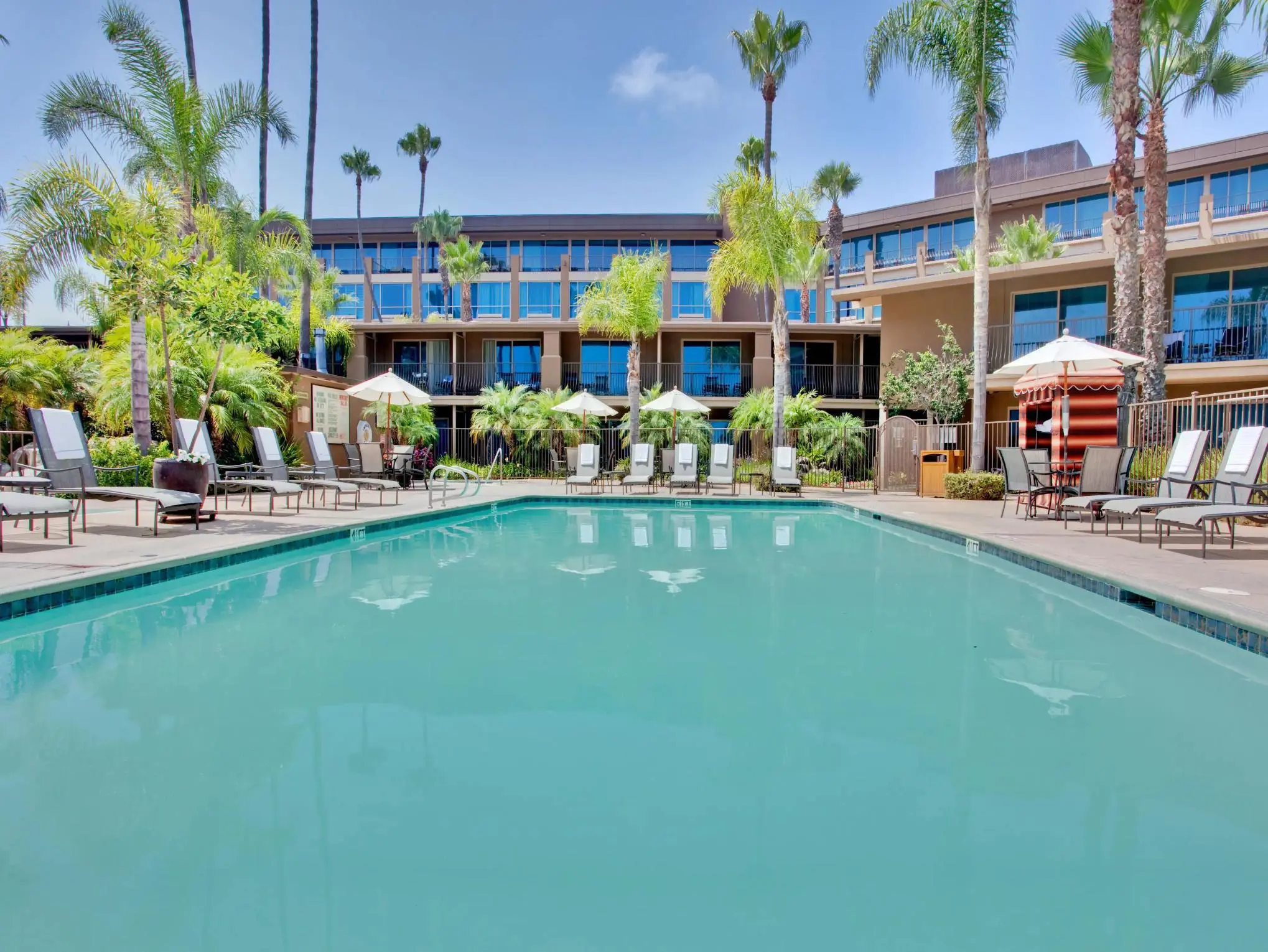 View of the outdoor swimming pool at the DoubleTree by Hilton Bayside, San Diego surrounded by sun loungers, palm trees, and the hotel's modern exterior in the background