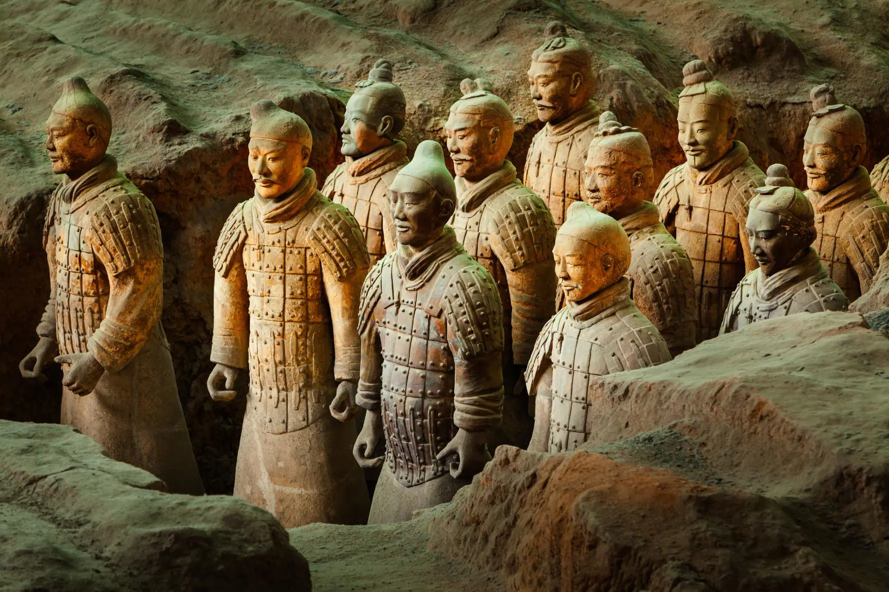 Rows of ancient Terracotta Army statues in an excavated chamber in Xi’an, China