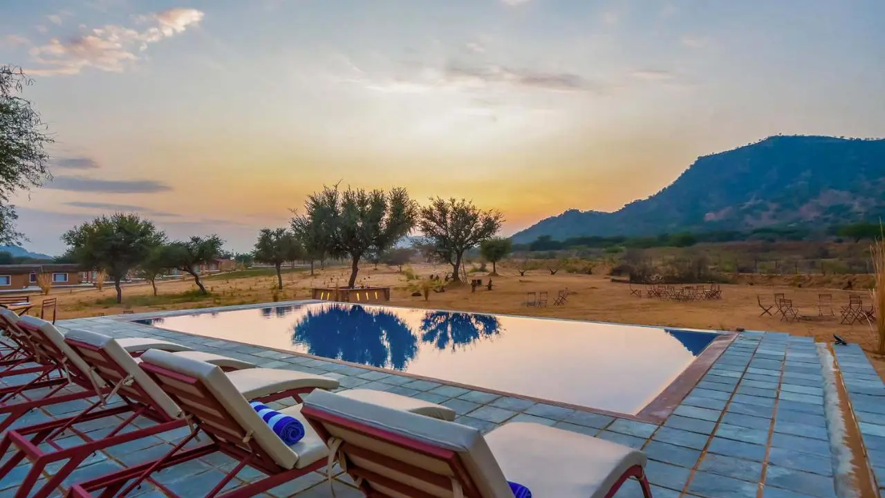Camp Land's End, Pushkar, pool at sunset