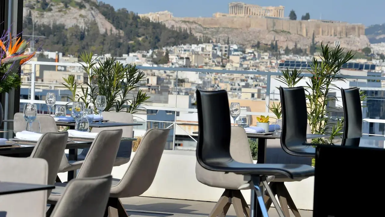 Athenaeum Smart Hotel, Athens, rooftop restaurant view of the Acropolis