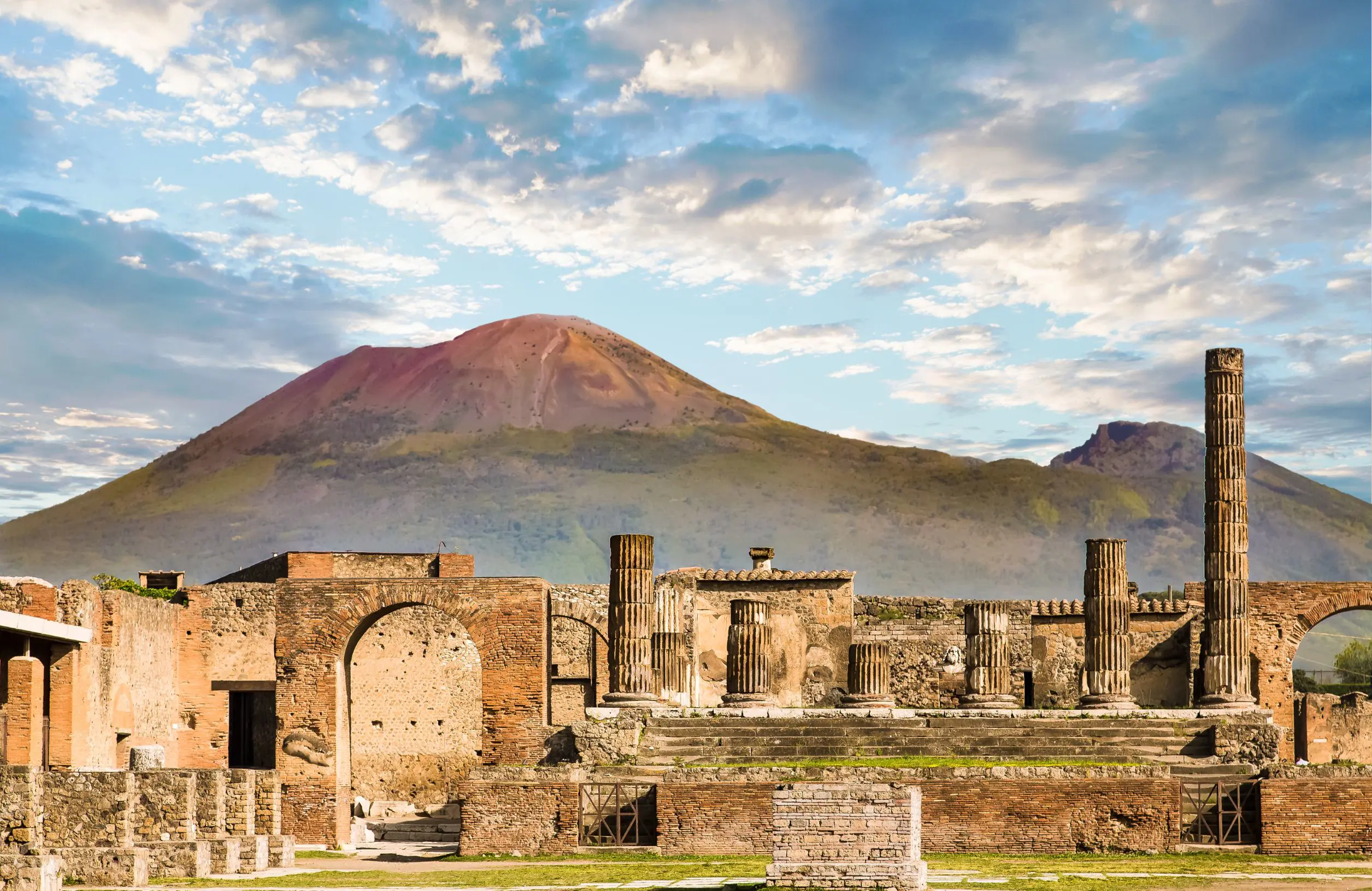 Pompeii ruins with Mt Vesuvias in the background