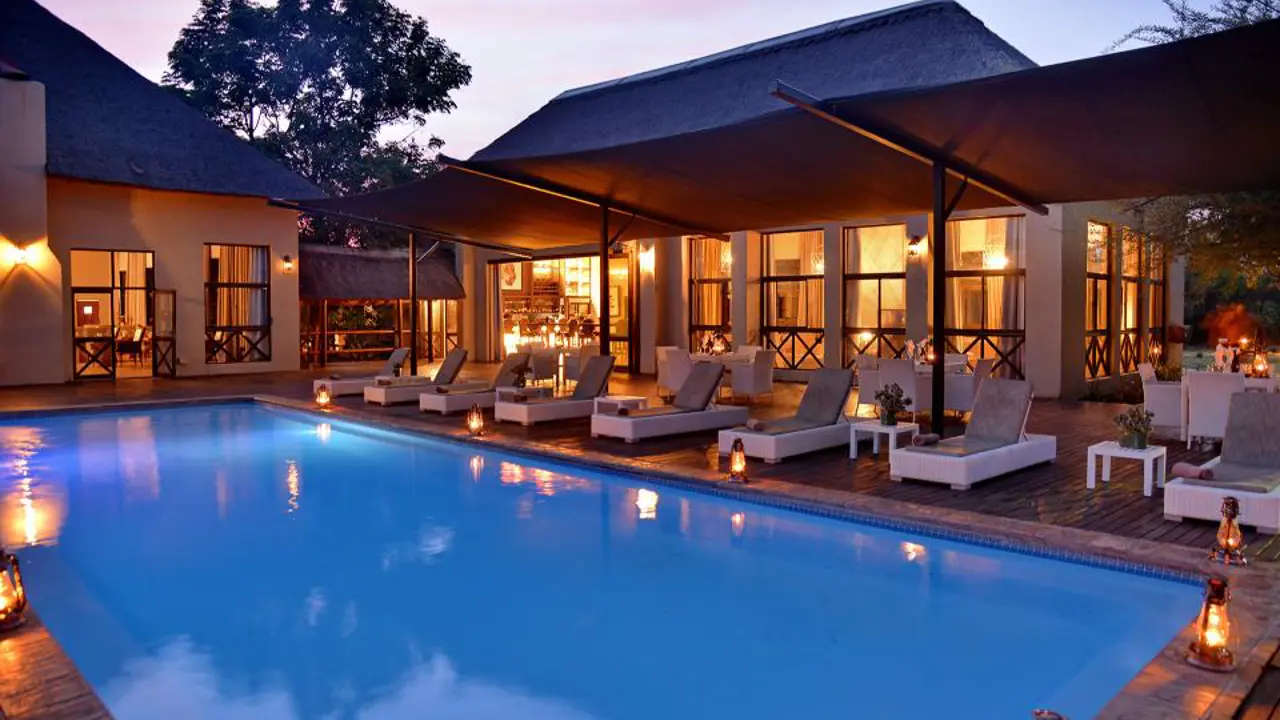 Safari Plains, Limpopo, pool and deck at night