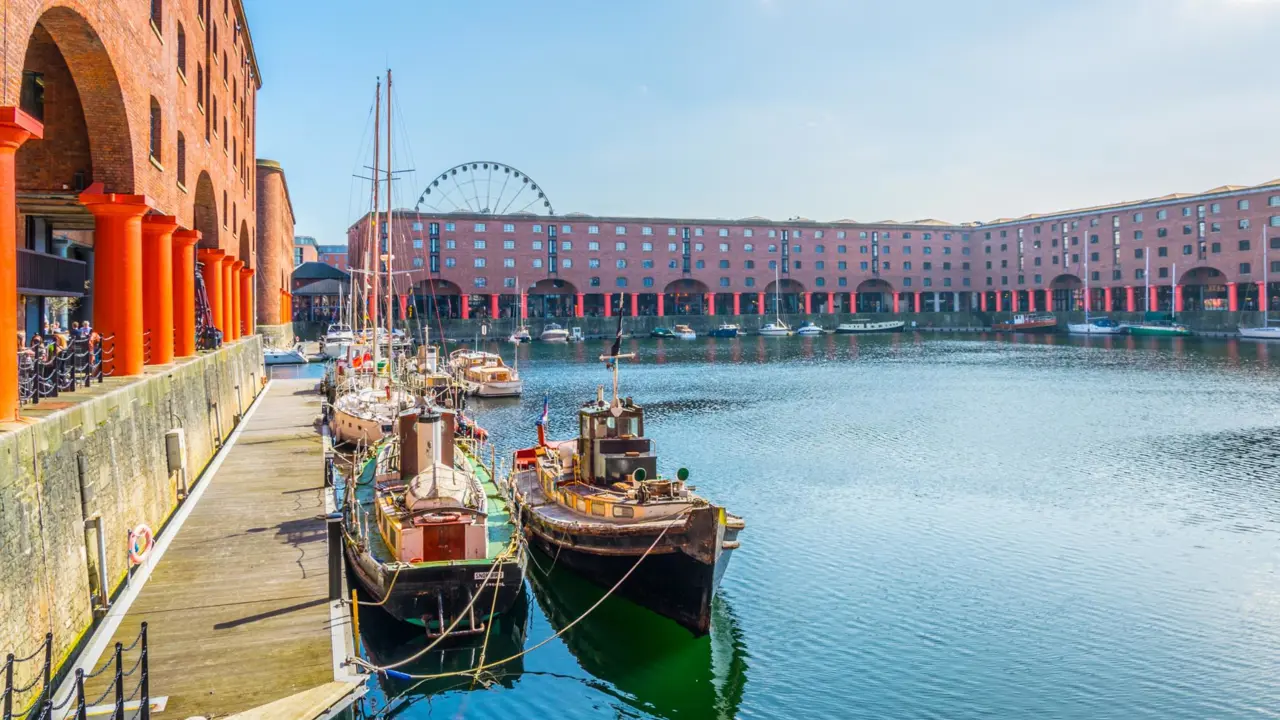 The Royal Albert Dock, Liverpool with boats in the harbour on a sunny day 