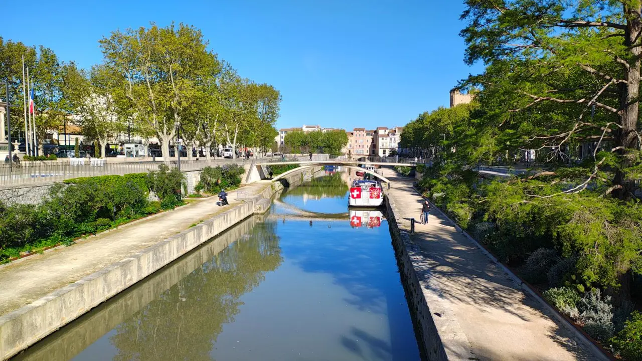 Tree-lined Canal de la Robine in Narbonne, France