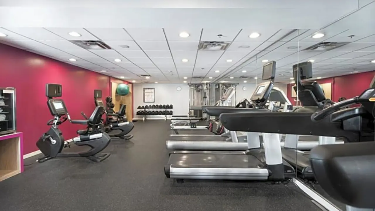 The gym at Fort Pontchartrain hotel, equipped with treadmills, exercise bikes, and weight machines in an interior space