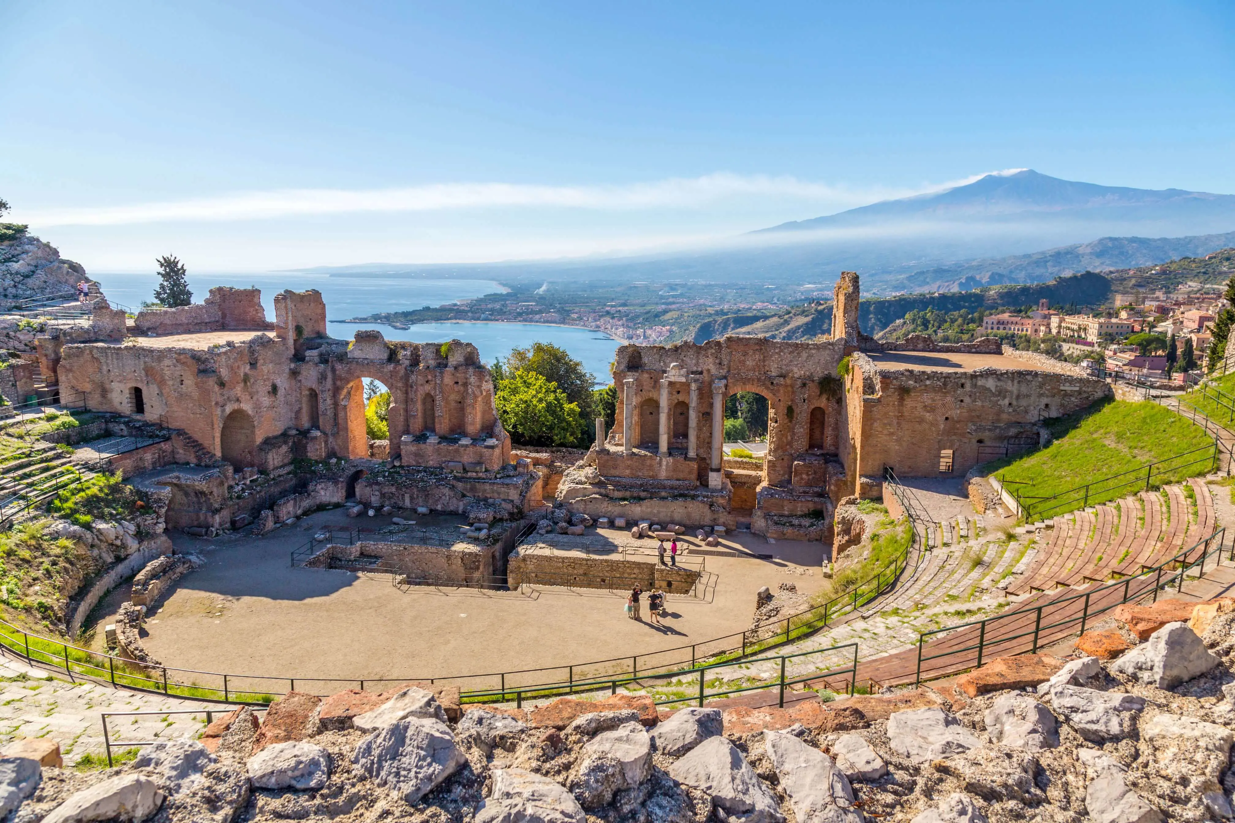 View of Taormina with Theatre of Taormina and Mount Etna, Sicily, Italy 