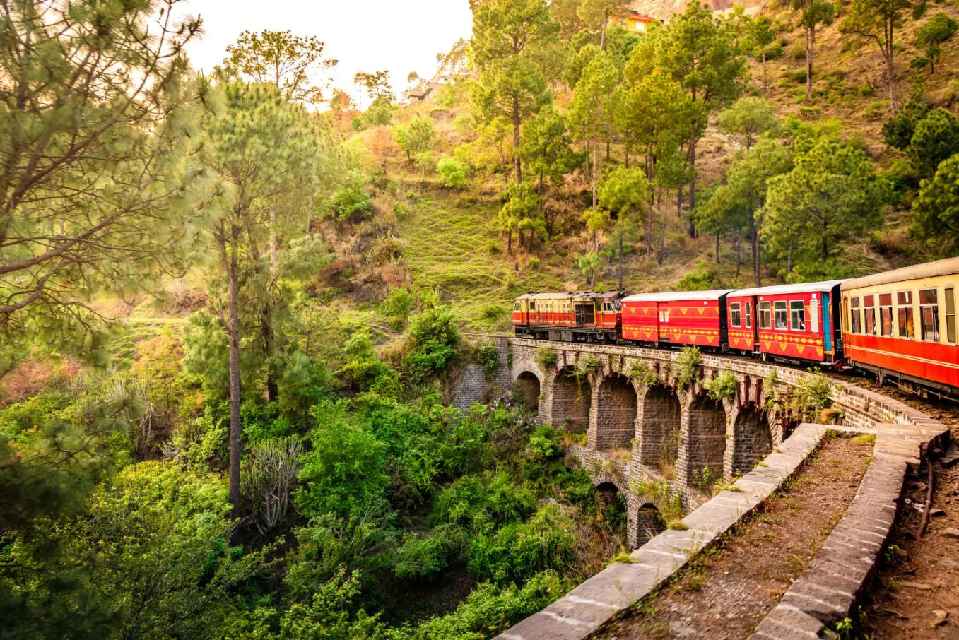 The heritage toy train crossing a railway bridge on the Kalka–Shimla route, surrounded by lush green hills and trees