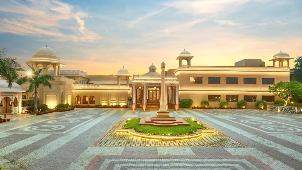 Grand exterior of Heritage Village Resort and Spa, Gurugram, with domed architecture and a wide courtyard
