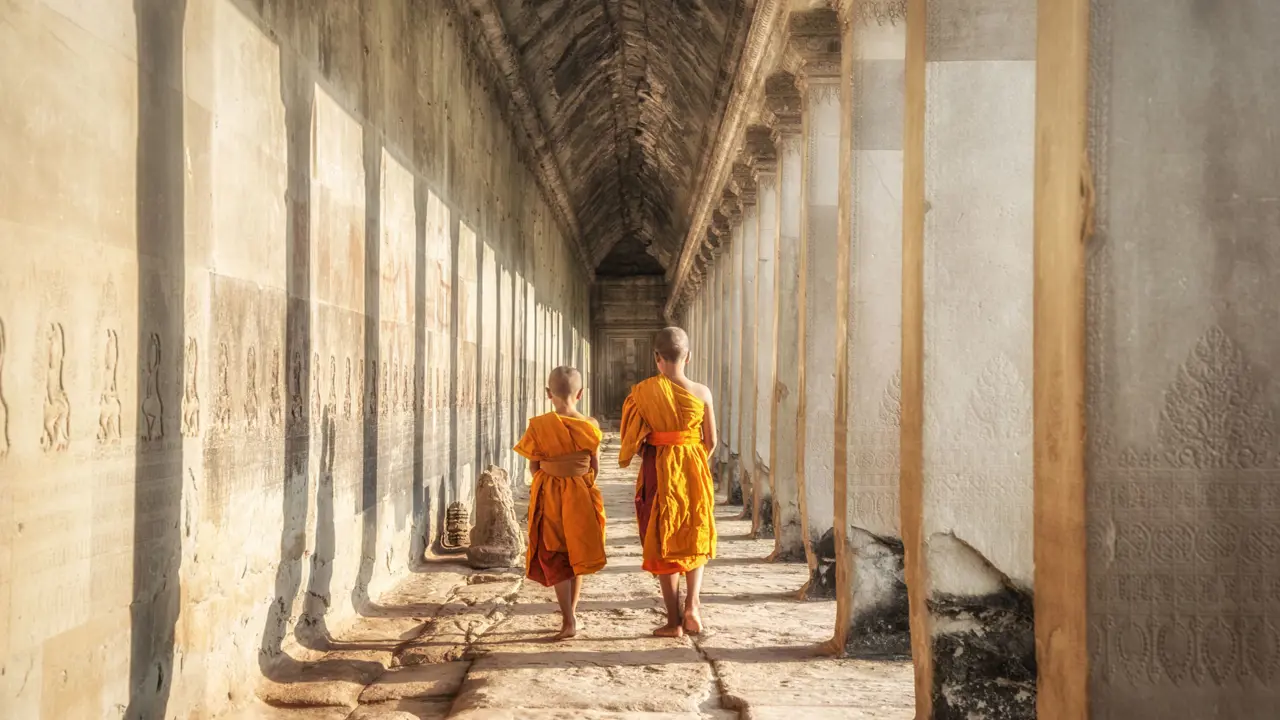 Two neophytes, novice Buddhist monks, Angkor Wat, Siem Reap, Cambodia