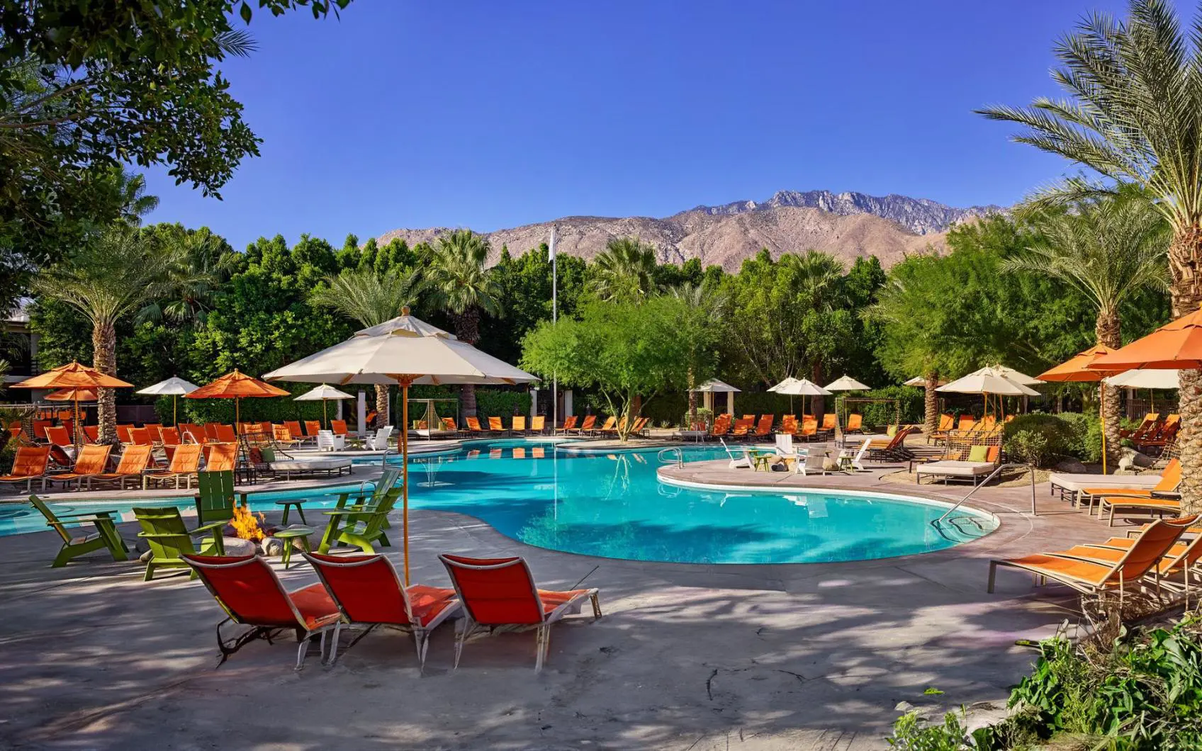 Outdoor swimming pool at the Riviera Resort & Spa, Palm Springs, surrounded by palm trees, sun loungers, and umbrellas, with the mountains visible in the background under a clear blue sky