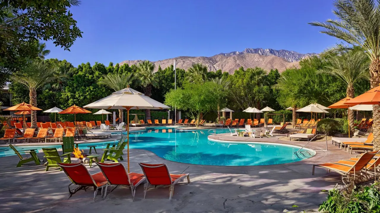 Outdoor swimming pool at the Riviera Resort & Spa, Palm Springs, surrounded by palm trees, sun loungers, and umbrellas, with the mountains visible in the background under a clear blue sky