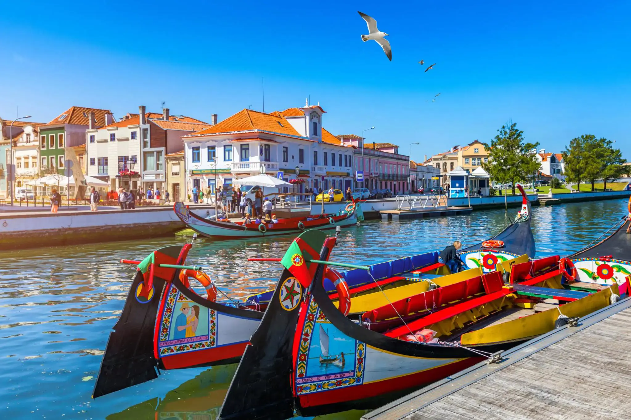 Brightly painted gondola-style boats moored along a canal lined with colourful buildings in Aveiro, Portugal