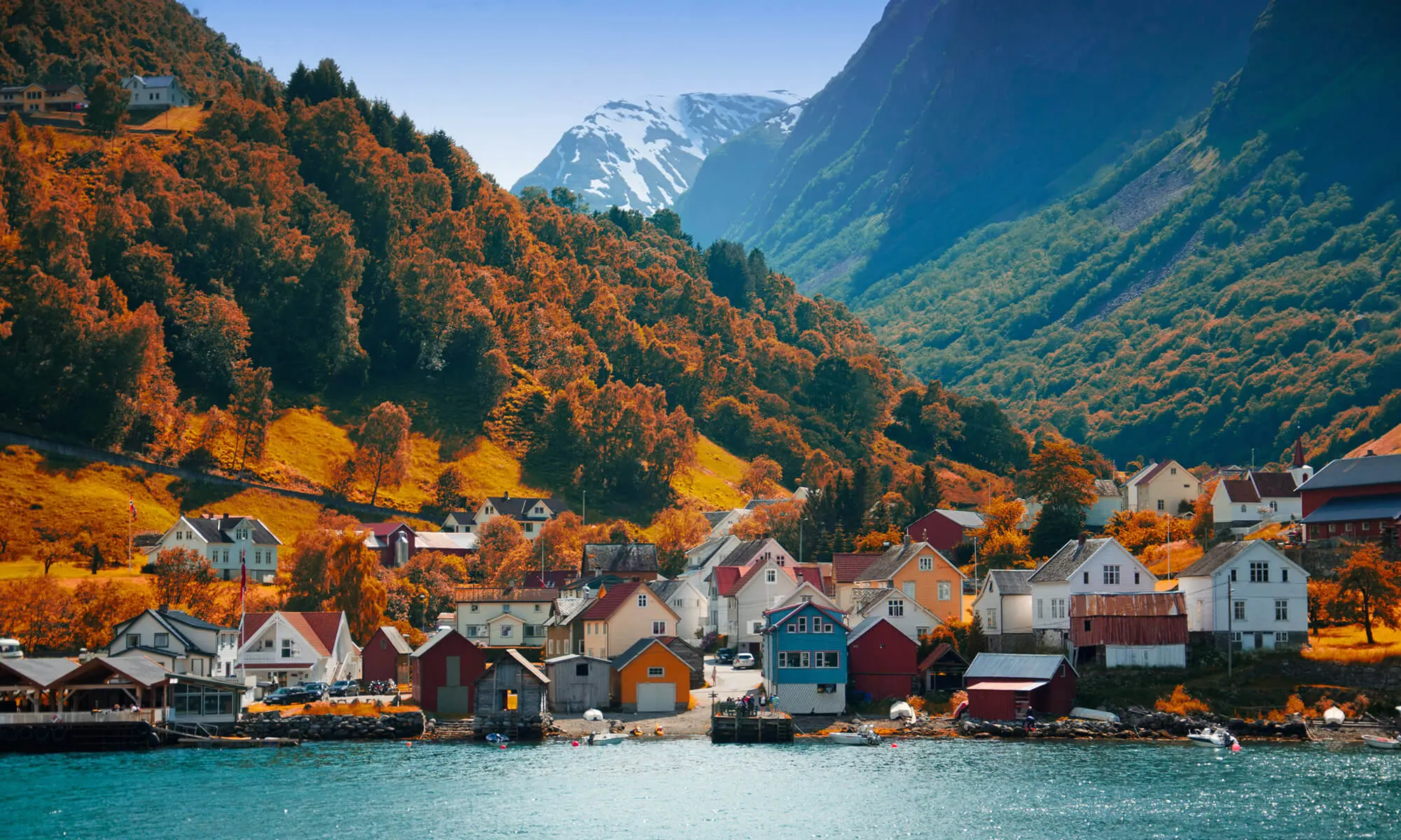 The village of Flam in Autumn, with brown trees going up the mountain and houses on the bay of the water