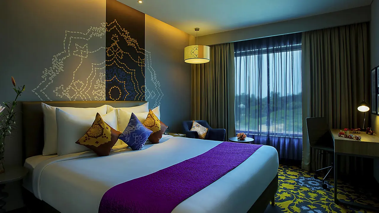 Dimly lit double guest room at Grand Mercure Mysore, featuring a large bed with a bright runner and a deep green carpet with yellow and blue accents. A large window overlooks the landscape