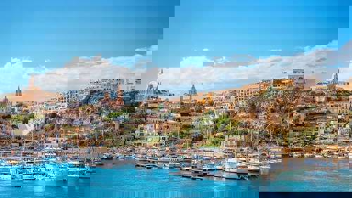 A view from the sea of Mgarr Harbour in Gozo, Malta