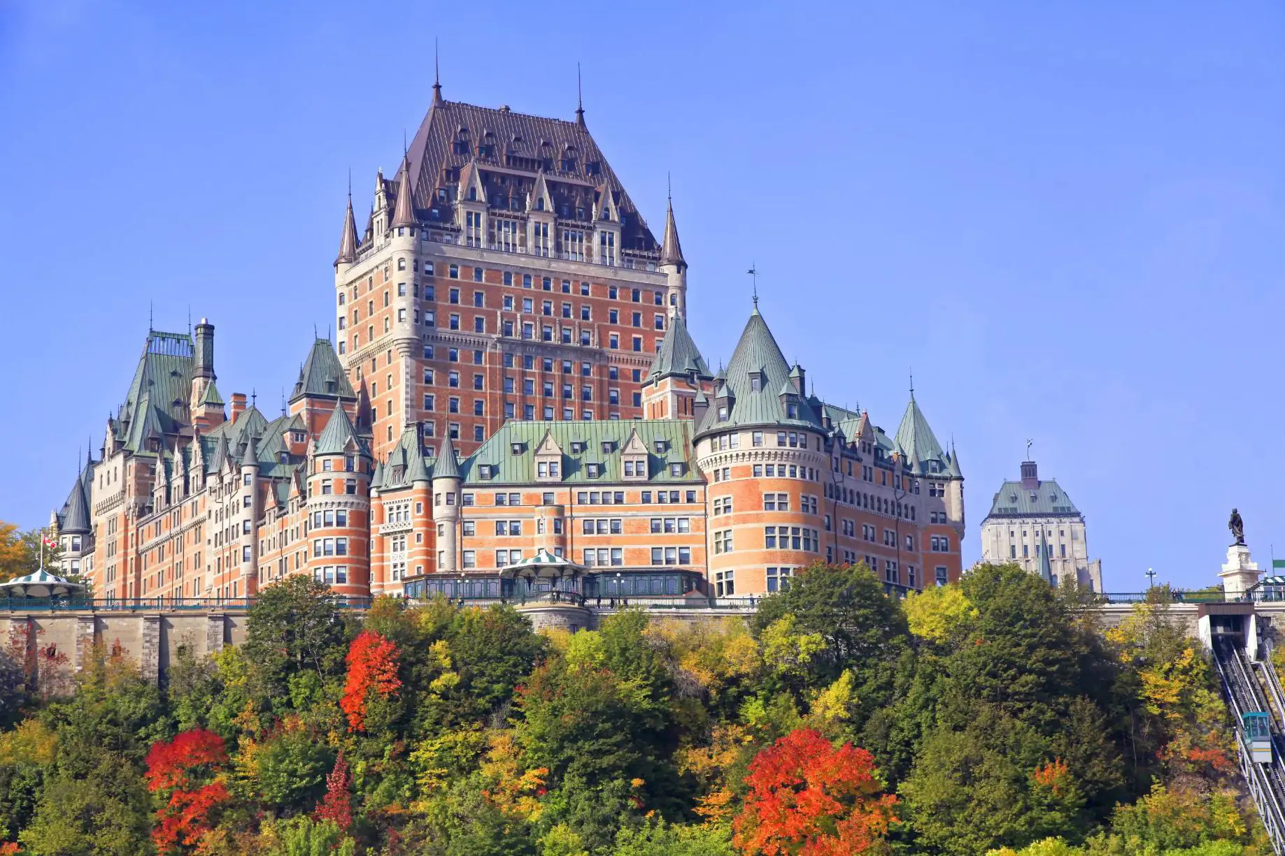 The Château Frontenac, a grand historic hotel in Quebec City, Canada, with its distinctive steep green roofs and turrets against a clear sky