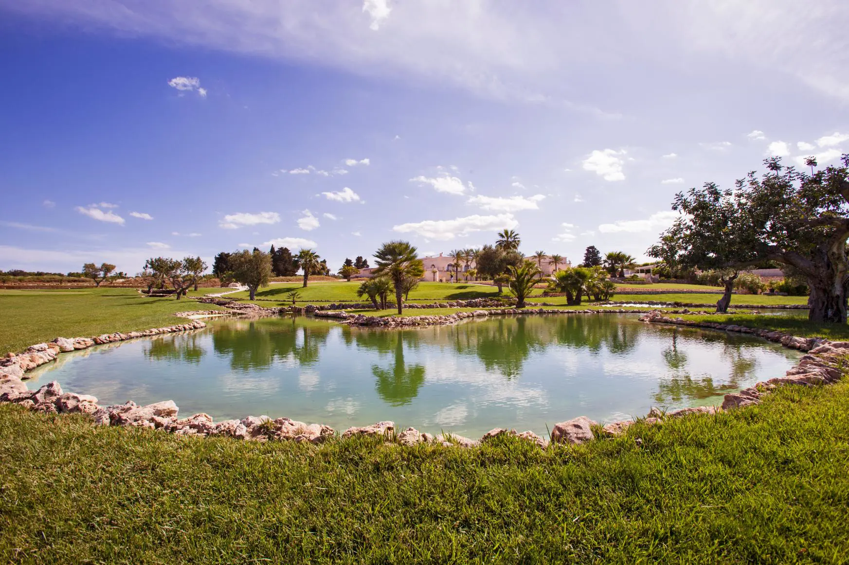 Peaceful pond surrounded by lush greenery and stone edging at Masseria Caselli Hotel, Italy, under a bright blue sky