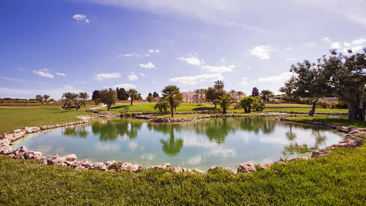 Peaceful pond surrounded by lush greenery and stone edging at Masseria Caselli Hotel, Italy, under a bright blue sky