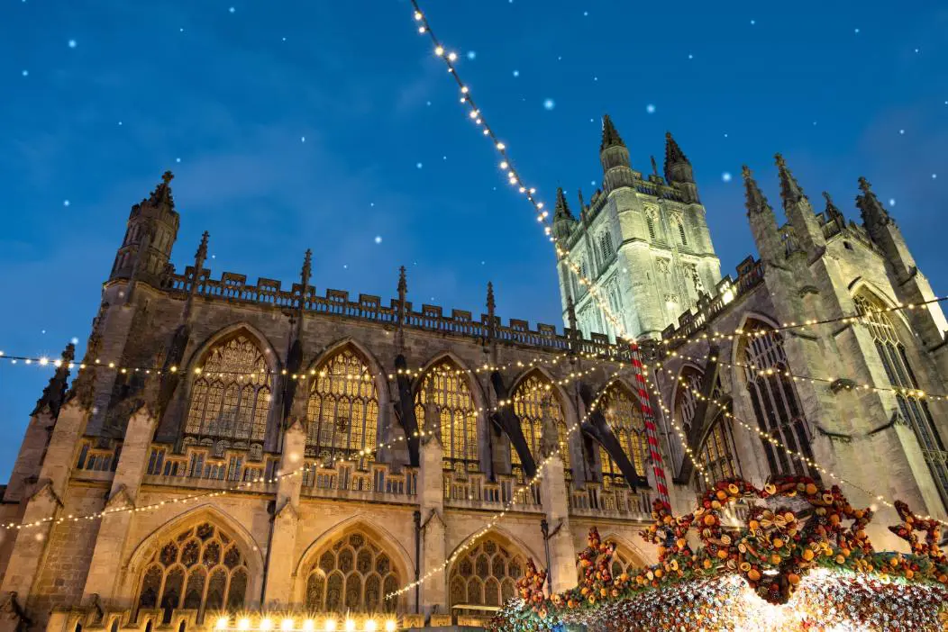 Christmas Market Stalls And Abbey, Bath
