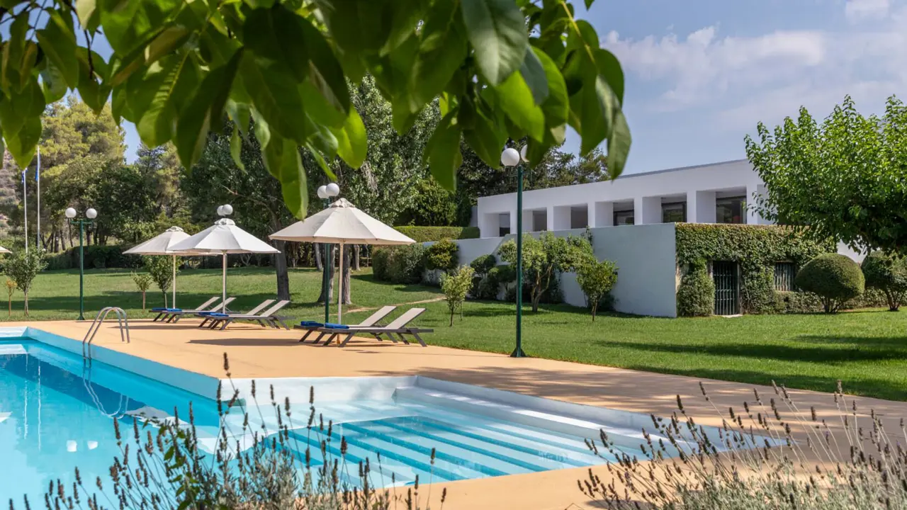 Outdoor swimming pool at Amalia Hotel in Olympia, surrounded by sun loungers and vibrant greenery under a blue sky with light clouds