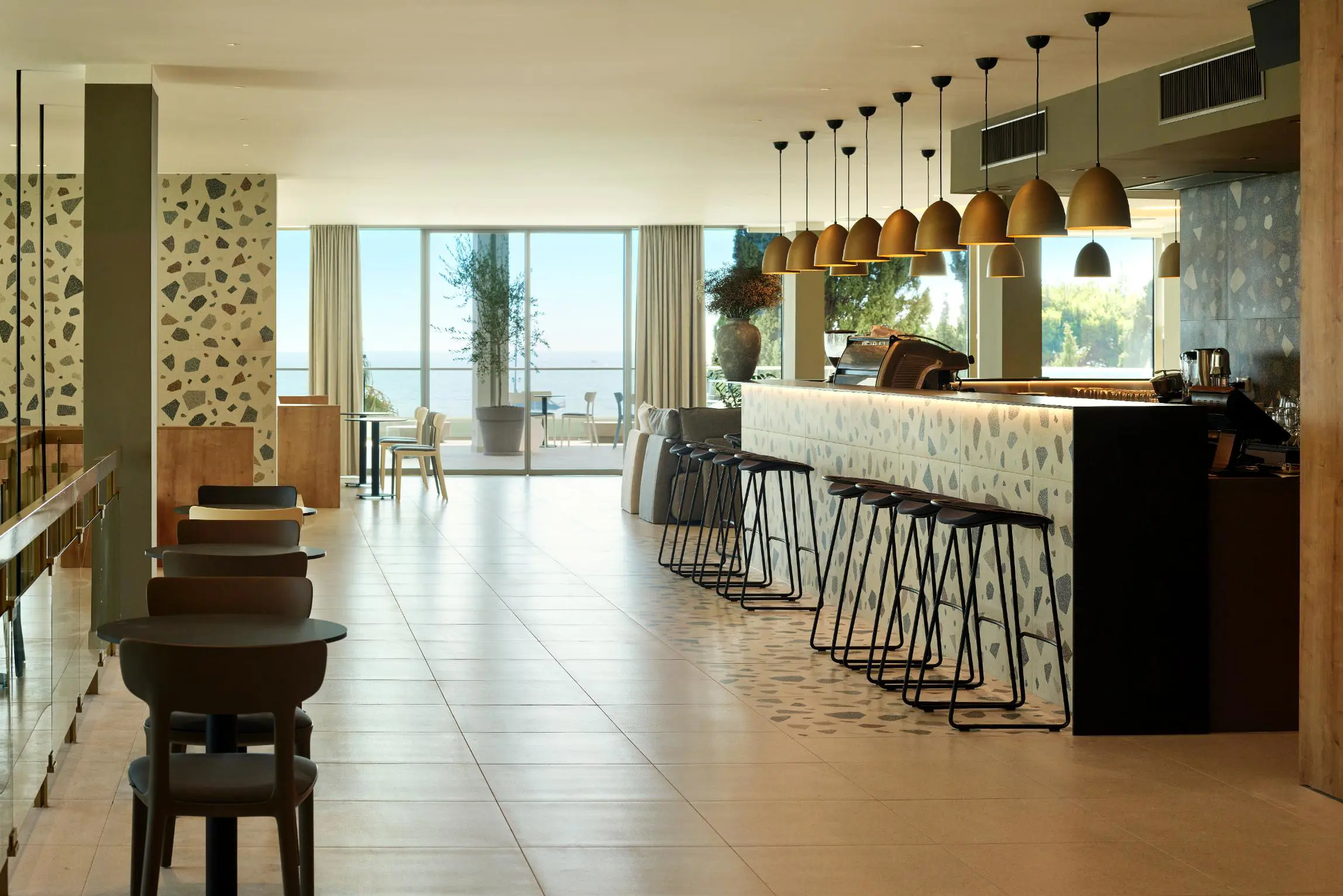 The bar at Hotel Horizont, Baška Voda looking towards a wrap around balcony and an ocean view