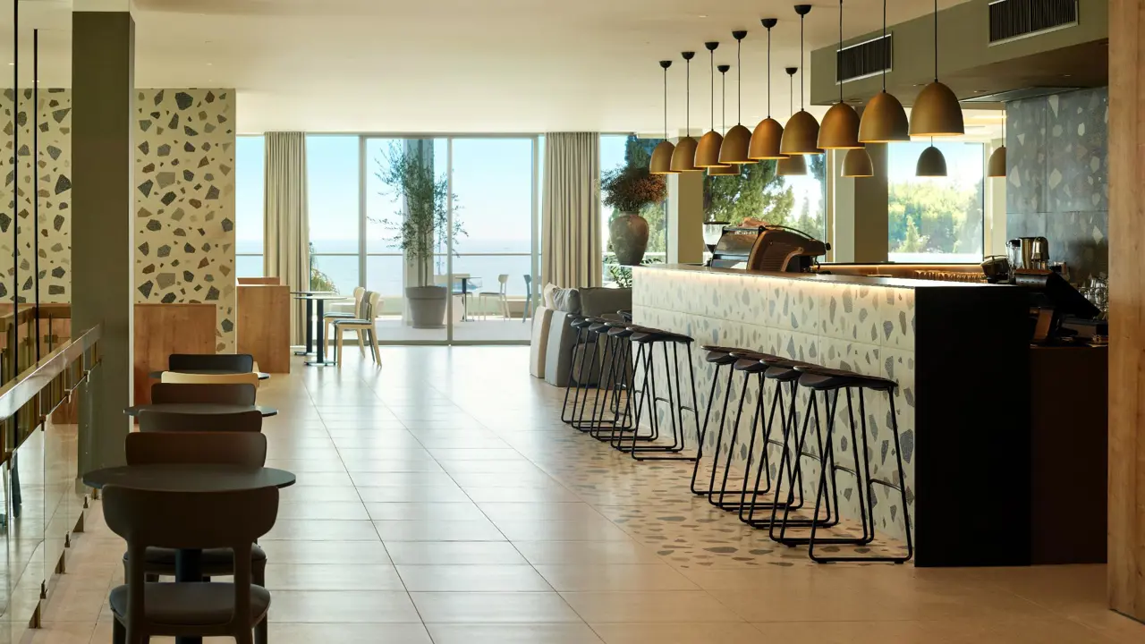 The bar at Hotel Horizont, Baška Voda looking towards a wrap around balcony and an ocean view