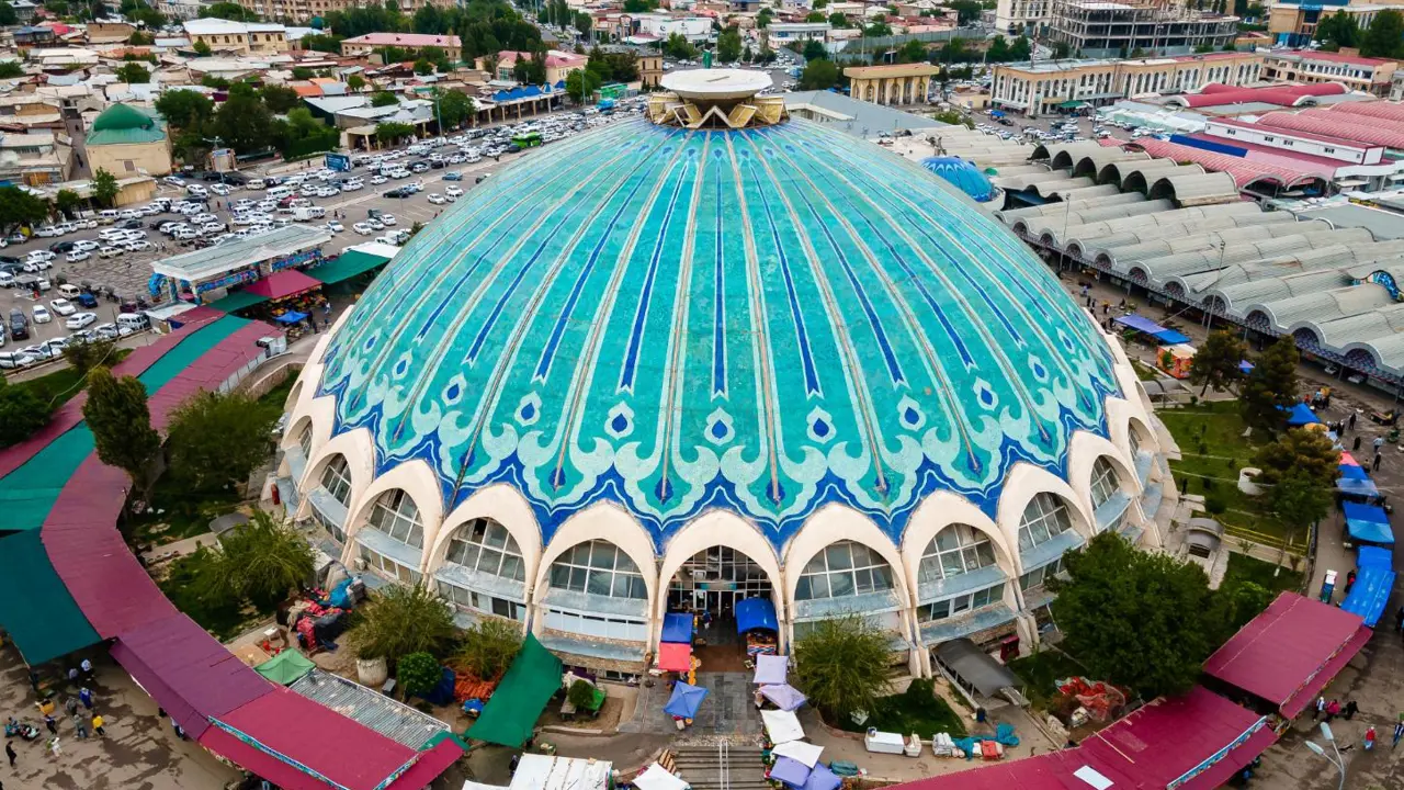 Aerial view of Chorsu Market dome, Tashkent