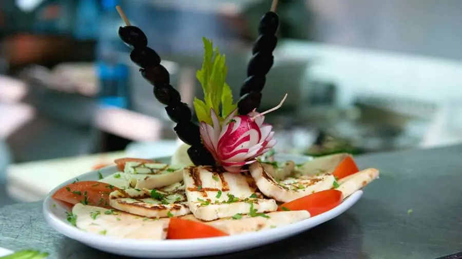 Close up of a dish of halloumi and tomatoes, topped with two skewers of olives, a radish cut into a flower shape, and herbs.