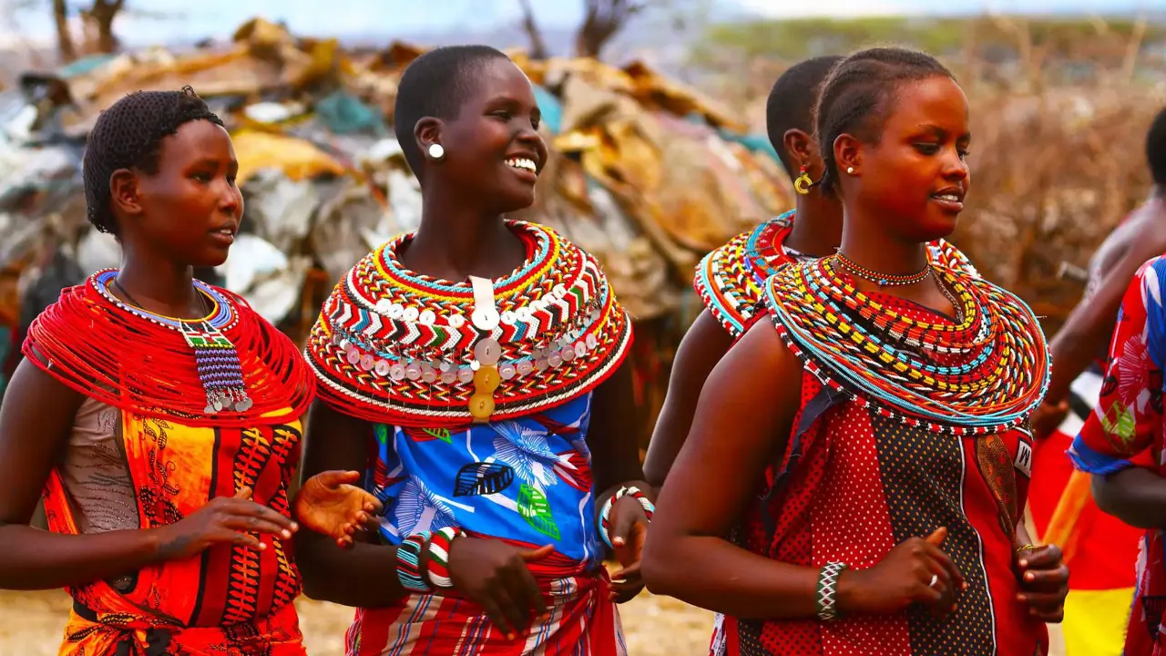 Samburu women in colourful traditional beadwork and clothing in Kenya
