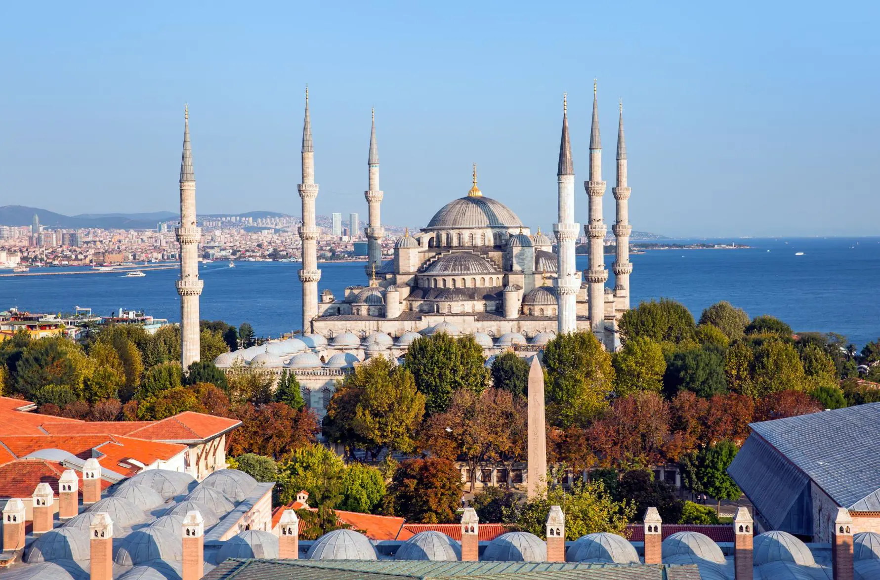 Exterior view of the Blue Mosque in Istanbul, Turkey, showing its domes and six minarets against a clear sky