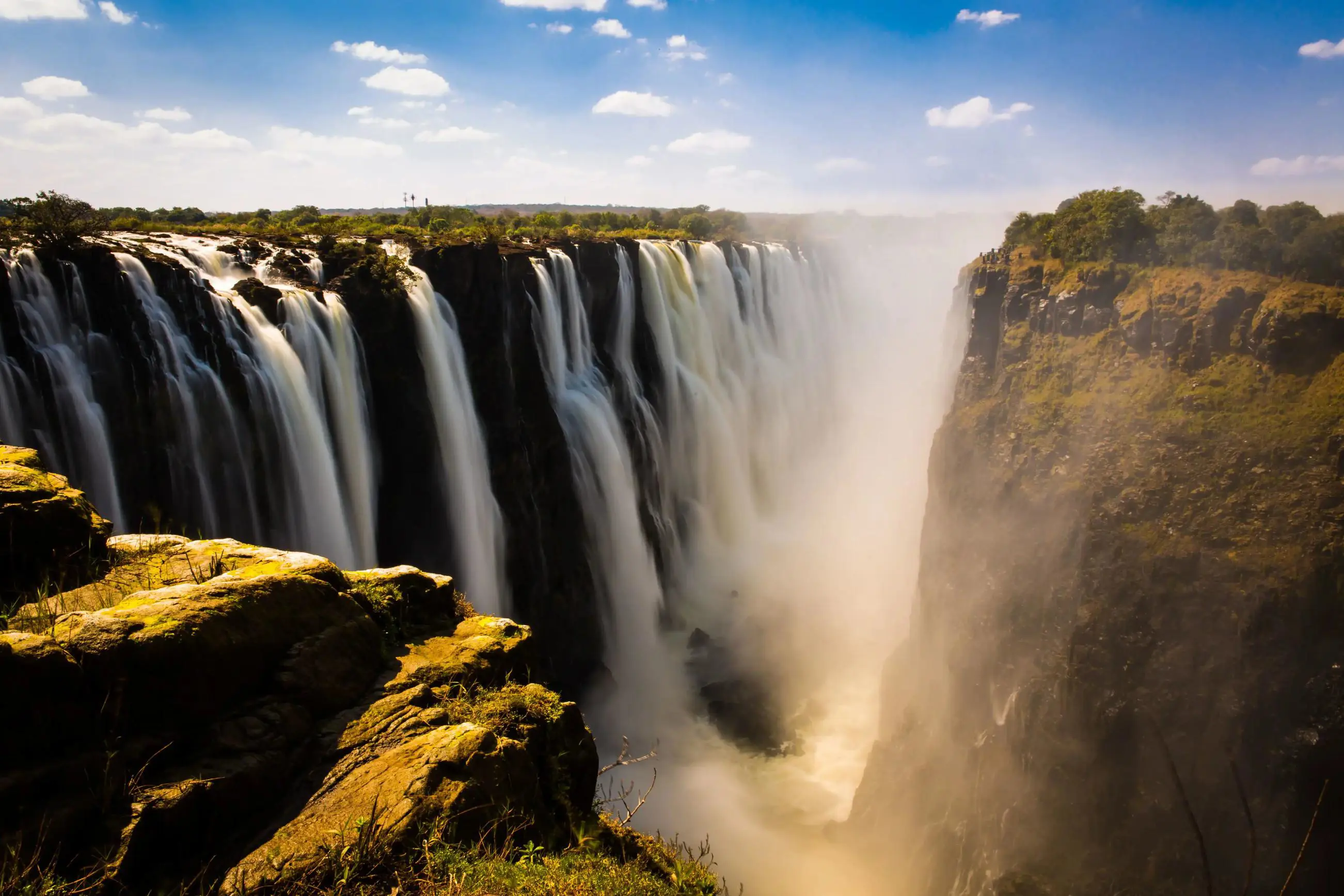 Victoria Falls cascading powerfully over cliffs, surrounded by lush greenery under a bright blue sky with scattered clouds