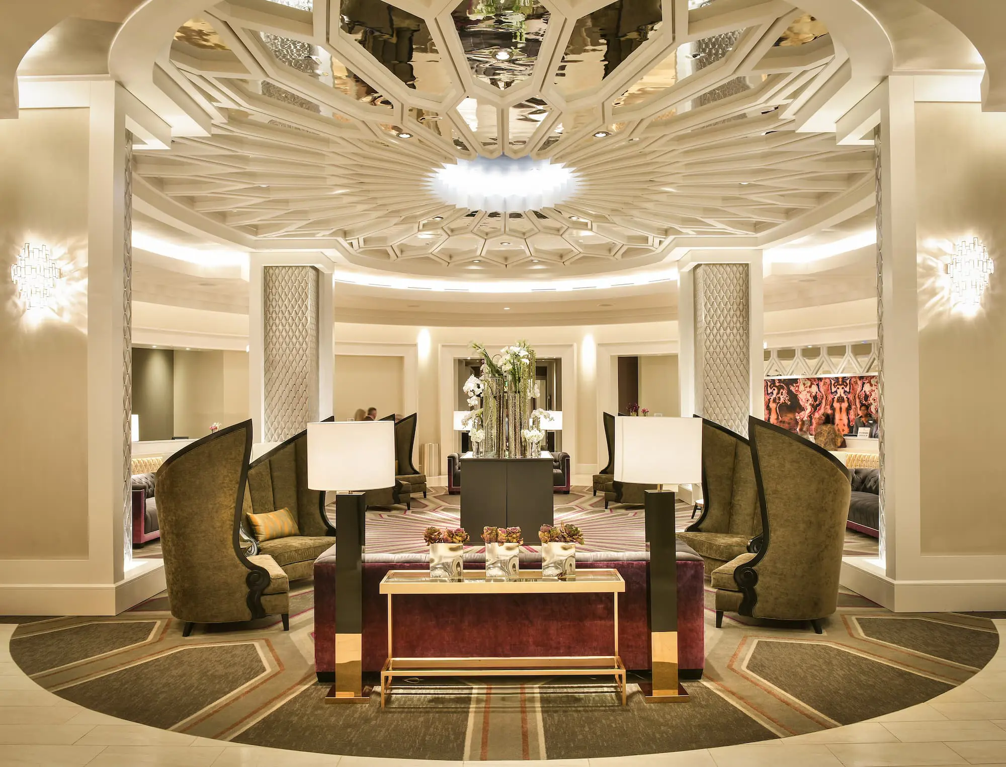 The elegant hotel lobby at The Guest House at Graceland with plush seating and stylish décor