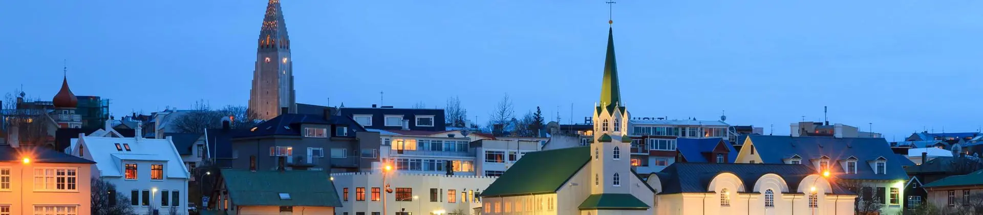 View of a town with a white church with a green roof at the front and a tower to the left sticking out above other buildings. Light blue evening sky