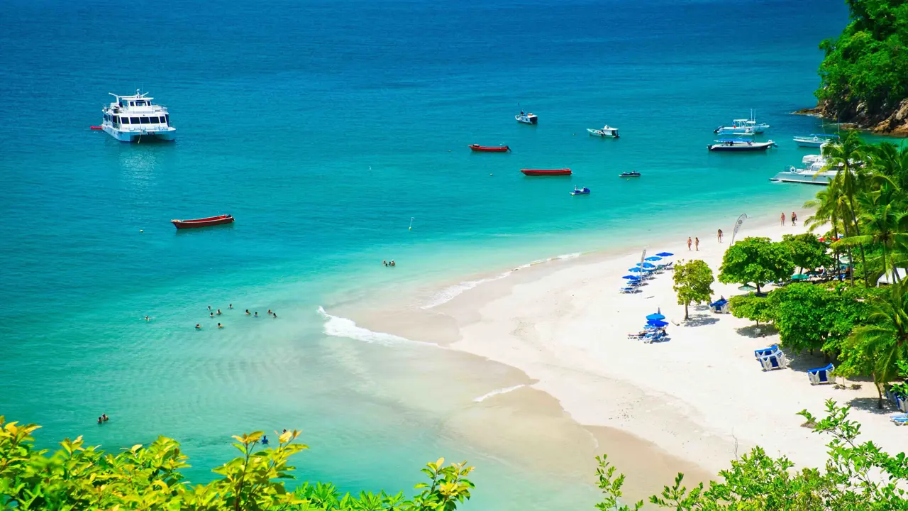 View of beach and boats, Galápagos Islands