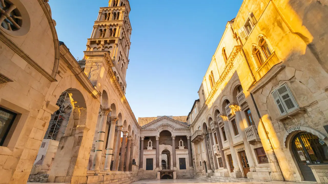 Upward view of the St. Domnius Cathedral bell tower in Split, Croatia, surrounded by Roman-style columns and ancient stone buildings, lit by the warm glow of sunset