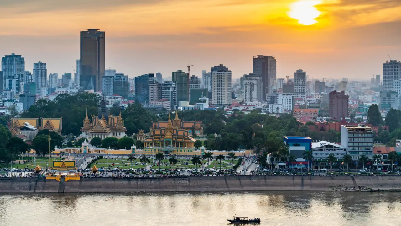 Sunset over Phnom Penh, Royal Palace and Mekong River