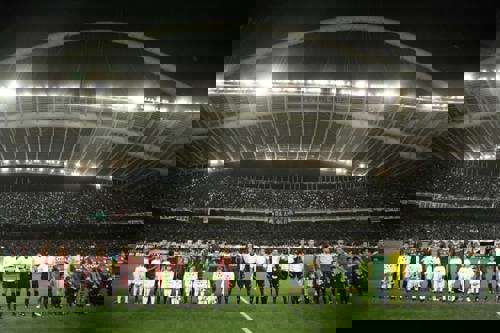The teams and the fans before the UEFA Champions League group stage match Panathinaikos vs Barcelona in Athens, Greece.