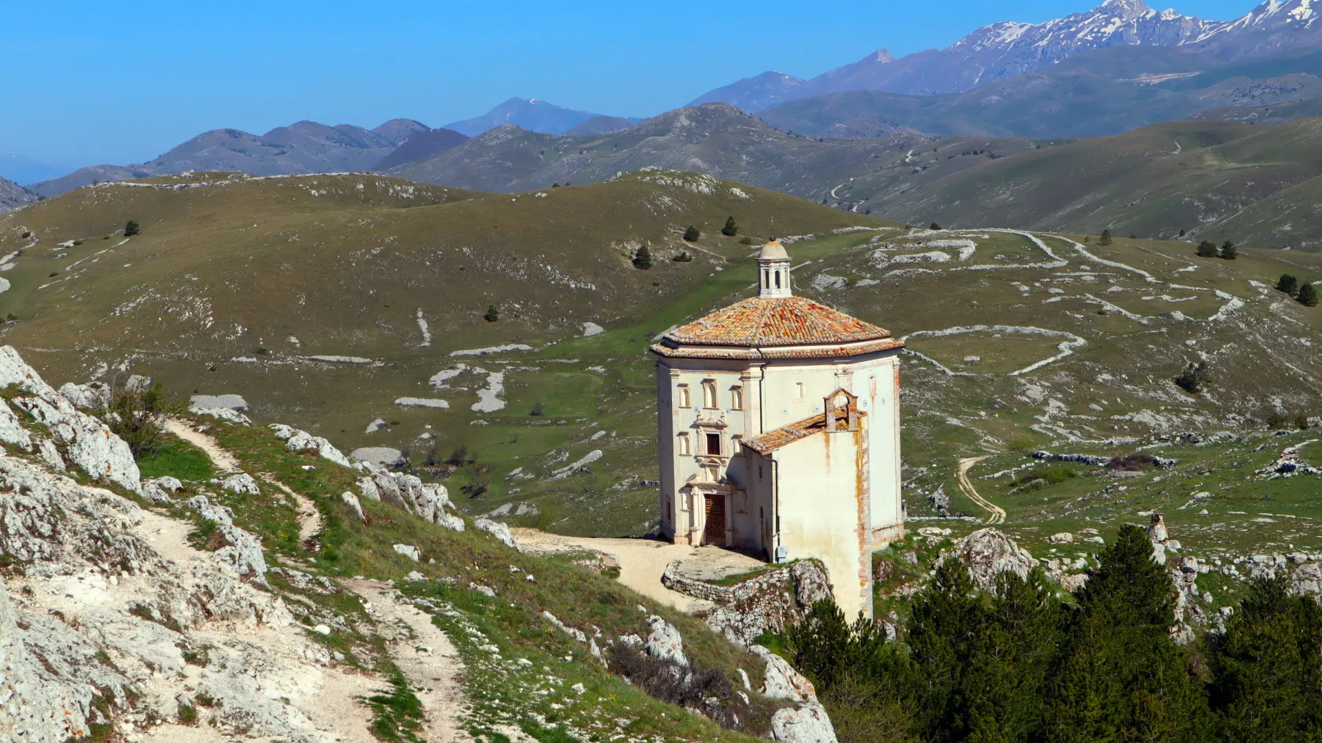Shot of Chapel Of Santa Maria Della Pietà in the mountains