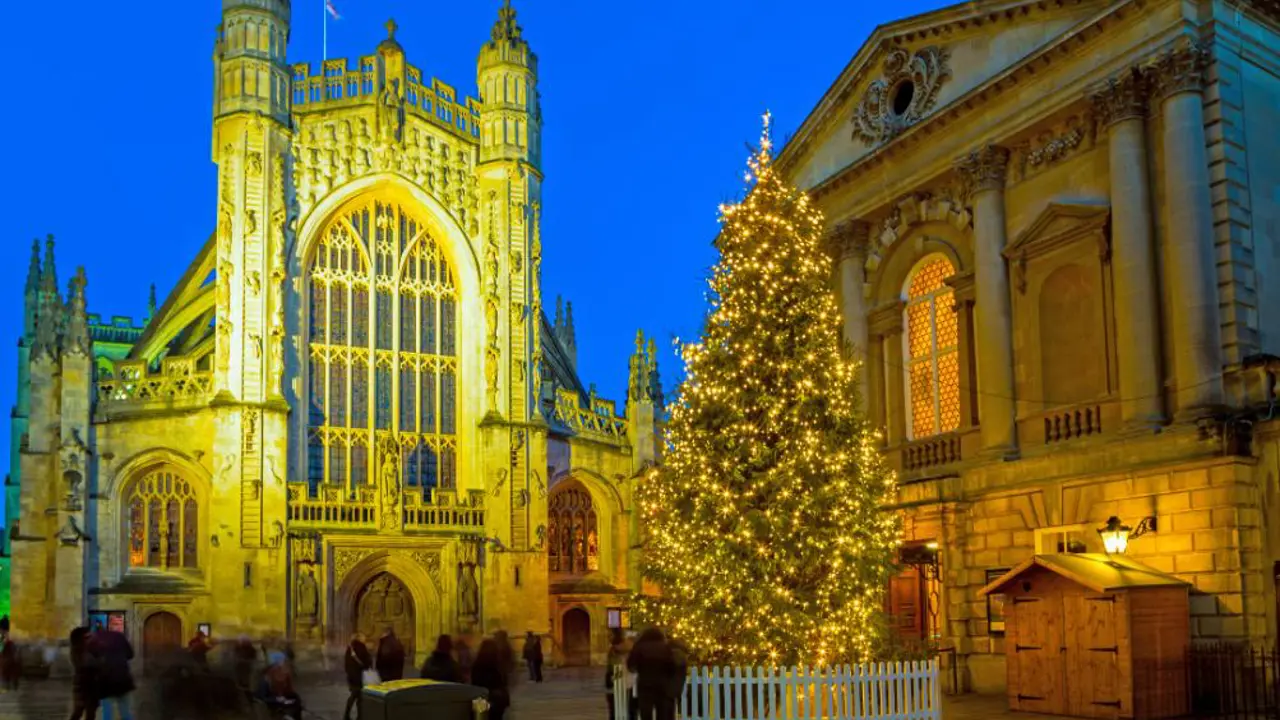 Bath Abbey at night at Christmas, Bath