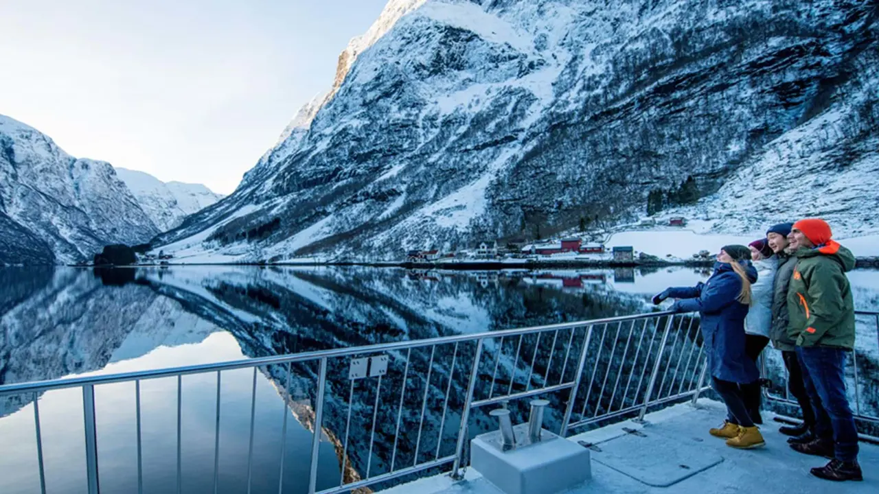 Group of people looking out onto a fjord in the snow