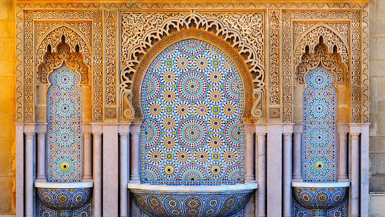 Decorated fountain with mosaic tiles
