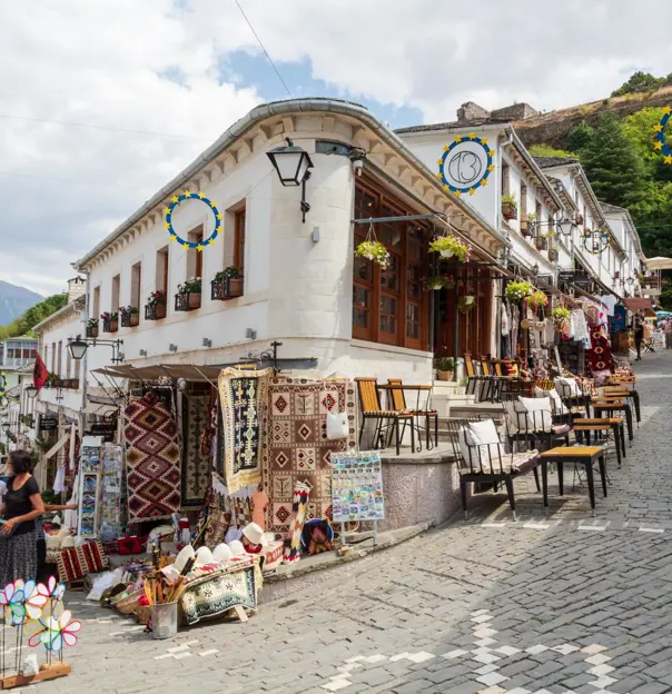Gjirokastër cobbled streets and shops